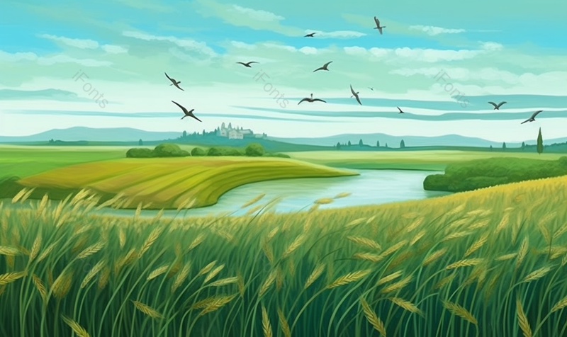 河流平原草地春季夏季节气乡村户外田野风景绿色清爽清凉插画,插画/手绘图,插画/手绘图库,插画/手绘图下载,插画/手绘
